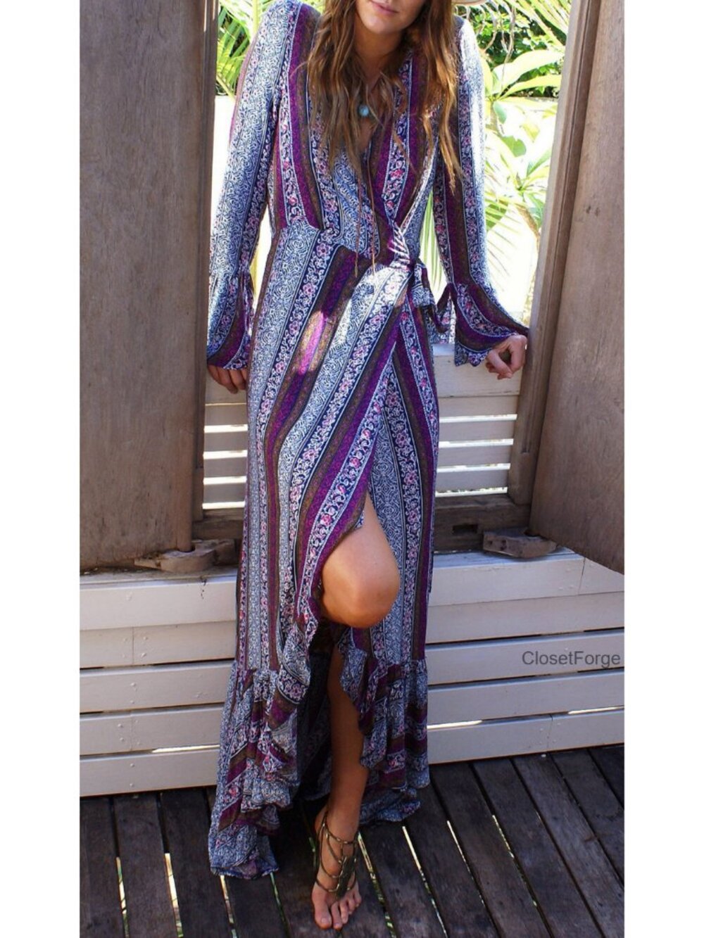 R.Vivimos Women's Floral Maxi Dress Long Sleeve V-Neck Ruffle Hem Wrap Tie - Picture 6 of 6